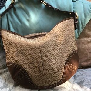 Coach Signature Pattern Shoulder Bag in Brown and Tan
